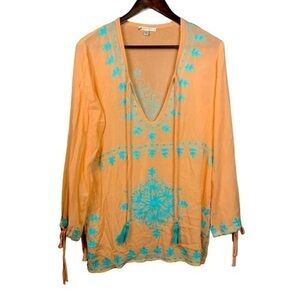 Peasant Top Tunic Top Swim Cover Up Coral V Neck Long Sleeve Size Small P